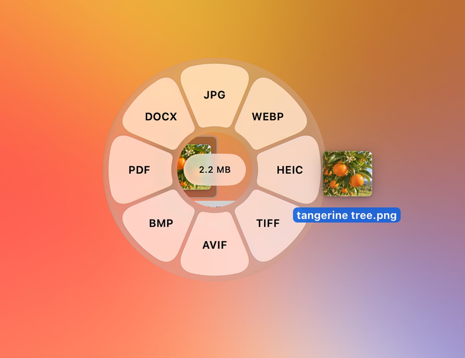 La roue de formats de Tangerine qui apparaît quand on maintient Shift pendant un glisser-déposer sur Mac